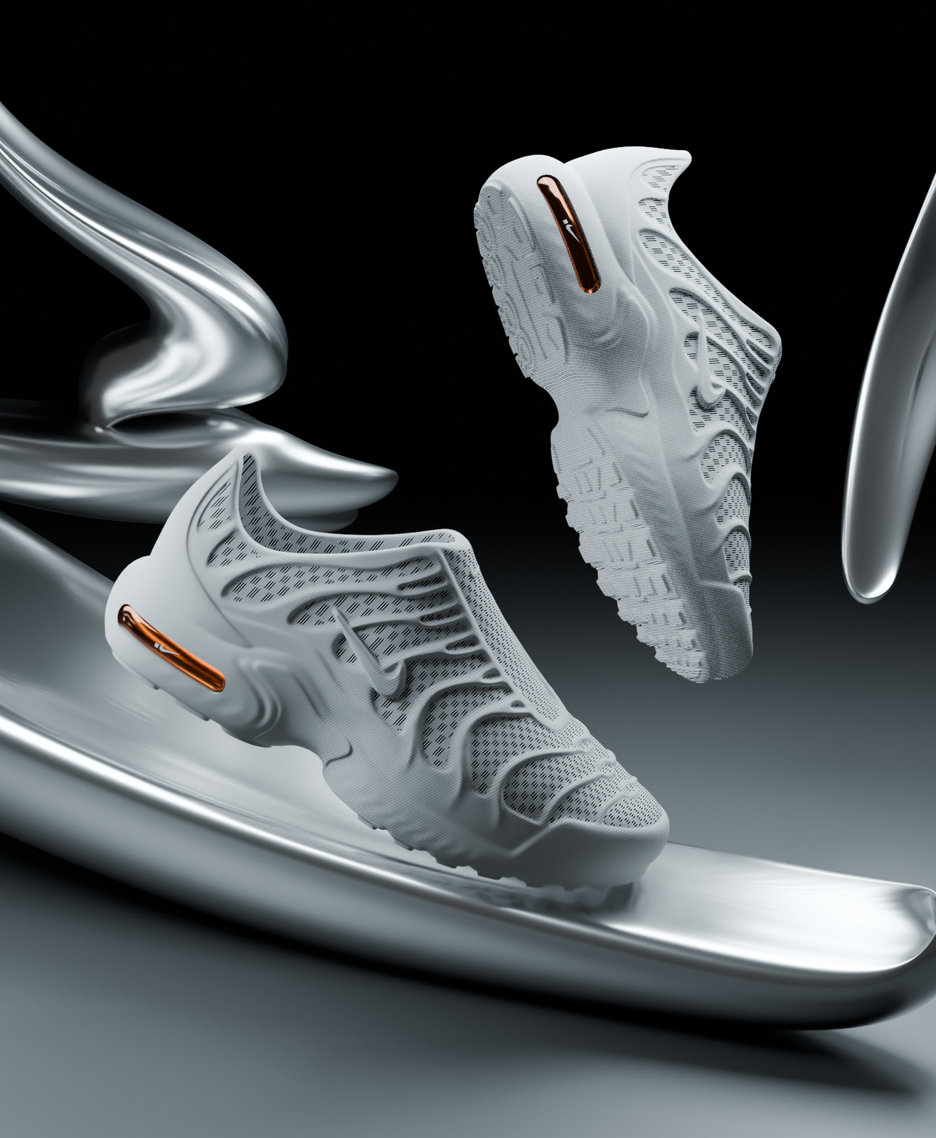 White 3D printed sneakers floating over liquid chrome